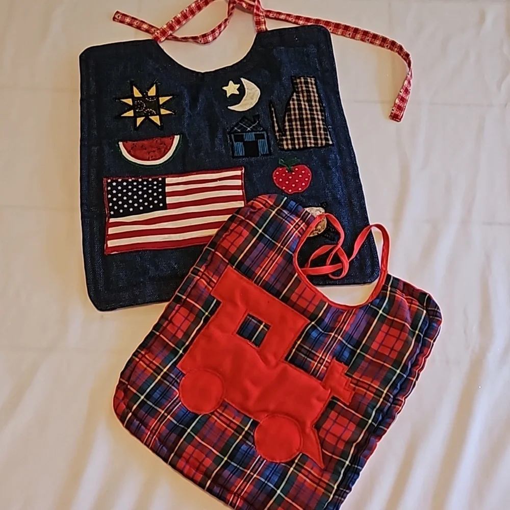 Hand Crafted upcycled bids 2pc-Set double-sided train plaid quilted embroidered